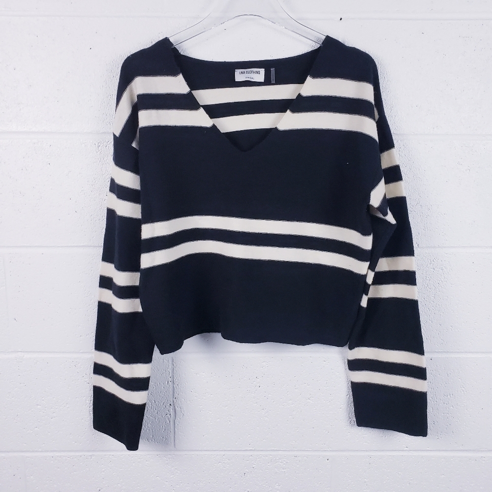 LNA Luca Striped V-Neck Boxy Knit Sweater Black‎ White Stripe Size XS
